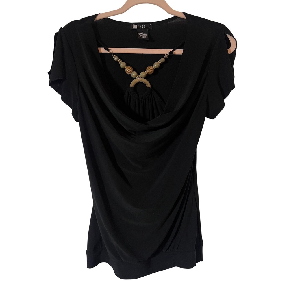 Carole Little Blouse S Boho Y2K Wood Beaded Cowl Neck Black Short Sleeve Top